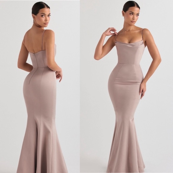 House of CB Dresses House Of Cb Violette Mushroom Satin Fishtail Maxi Gown Nwot Size S
